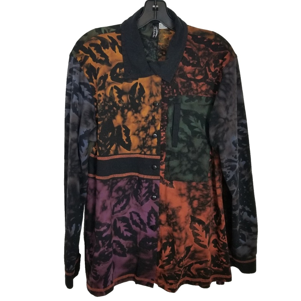 Winter Sun Button Down Shirt Jacket  Sz S Black Leaf‎ Print Lagenlook Art Wear